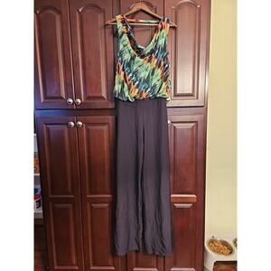 Jumpsuit Womens S Wide Leg Black Multicolor Draped Style Top Sleeveless